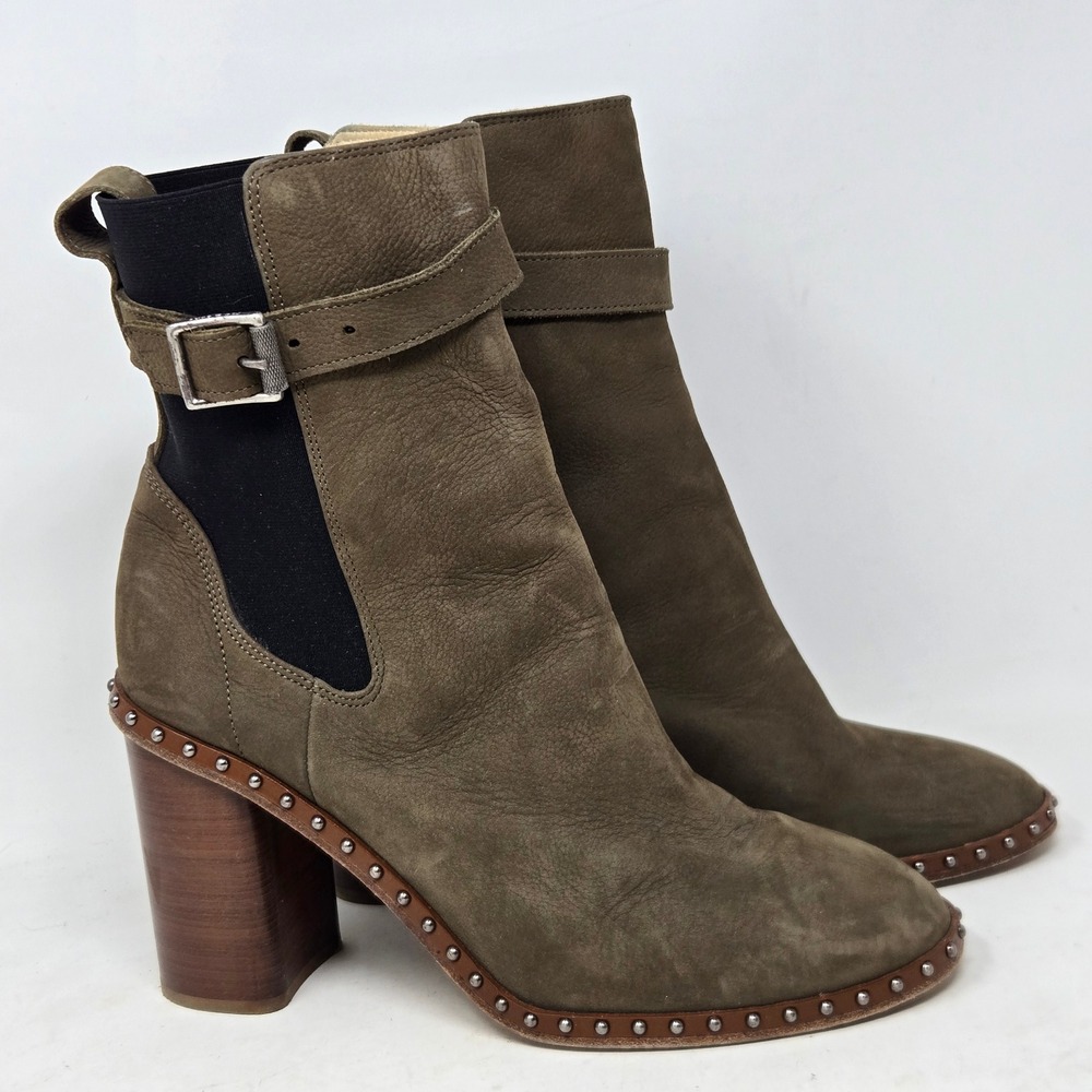 Rag & Bone Olive Green Studded Leather Ankle Boots Block Heel 39 Made in Italy